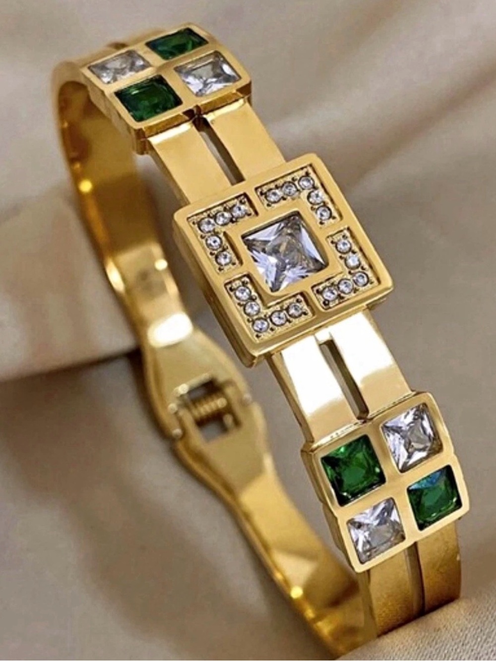 Gold and Green Crystal Square Link Bracelet - Women's Fashion Jewelry